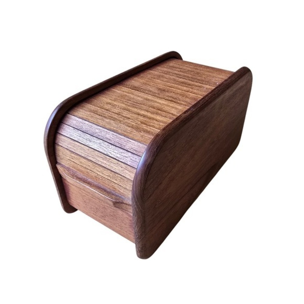 Kalmar Designs Teak Wood Roll Top Bread Box Tambour Door Storage